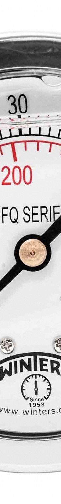 WINTERS Panel-Mount Pressure Gauge: Front Flange, 0 psi to 60 psi, 2 1/2 in Dial, 1/4 in NPT Male, 4 (MPN PFQ903-DRY-25FF). Key specifications — Accuracy: ±1.5%; Brand: WINTERS; Vibration Resistance Properties: Field-Fillable; Gauge Wetted Parts: Brass / Bronze.