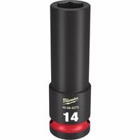 MILWAUKEE Deep Impact Socket: 1/2 in Drive Size, Metric, 14 mm Socket Size, 6-Point, Deep, Friction (MPN 49-66-6275). Key specifications — attr1215501: MILWAUKEE; attr1215515: Black Phosphate; attr1215518: 14 mm.