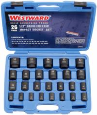 WESTWARD Impact Socket Set: 1/2 in Drive Size, Small Set (0-50 pieces) Set Size, 26 Pieces, Metric (MPN 4PRG6). Key specifications — attr1204251: WESTWARD; attr1215453: 1/2 in; attr1215454: 10 mm to 36 mm.