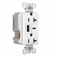 USB Receptacle: Duplex, 5-20R, 2 USB Ports, USB Type A/C, White, 125V AC, 20 A (MPN TR20USBACW). Key specifications — Brand: LEGRAND.