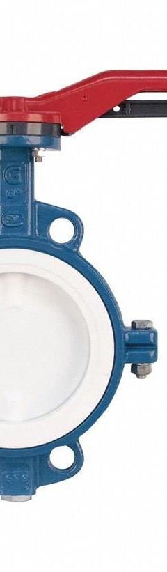 GHIBSON Butterfly Valve: 5 in Pipe Size, Concentric, 250 psi Max. Pressure (CWP), Wafer, PTFE, FKM (MPN 550P-5). Key specifications — Brand: GHIBSON; Handle Type: Lever; Disc Material: Stainless Steel.
