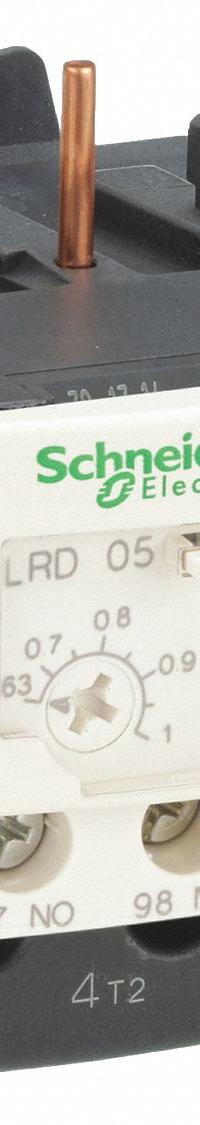 SCHNEIDER Overload Relay: Thermal Protection, 3 Poles, 1NO/1NC, Phase Loss Sensitivity, 0.63 A – 1 A (MPN LRD05). Key specifications — Brand: SCHNEIDER; Auxiliary Contact Form: 1NO/1NC; Compatible Contactor Series: TeSys Deca; Terminal Connection Type: Screw Clamp Terminals; Maximum Voltage Rating: 690V AC; Phase Loss Sensitivity: Yes; Thermal Units Required: None (Relay Includes Integrated Bimetallic Elements); Compatible Contactors: TeSys Deca (9 to 38 Amp Models).