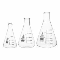 EISCO SCIENTIFIC Erlenmeyer Flask Set: 500 mL_1,000 mL_2,000 mL, Colorless, Round, A (MPN CH196033). Key specifications — Shape: Round; Tolerance: +/-5 %; Body Color: Colorless; Brand: EISCO SCIENTIFIC; Compatible with Stopper Size: 11; USP Specification: Type I.