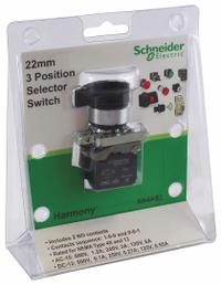 SCHNEIDER Selector Switch: 22 mm Panel Mounting Size, 3 Positions, Extended Lever, 2NO, Metallic (MPN XB4AS2). Key specifications — AC Contact Rating: 6 A @ 120 V; Action: Maintained/Maintained; Cam: No Cam Included; DC Contact Rating: 0.1 A @ 600 V; Hazardous Location Specification: Not Rated; Operator Head Material: Plastic; Operator Head Type: Long-Handled Knob; Operator Illumination: Non-Illuminated.