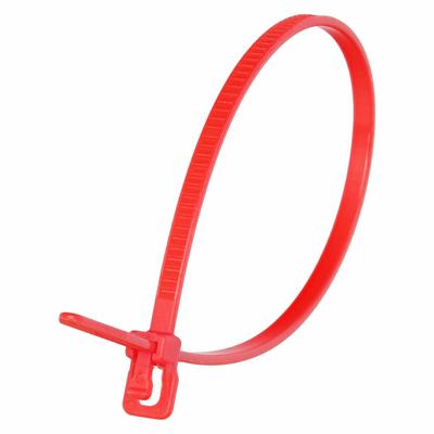 RETYZ Releasable Cable Tie: Red, 6 in Lg, Max. 1 1/2 in Bundle Dia., 18 lb Rated - Plenum Push-Release Cable Ties