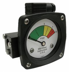 MIDWEST INSTRUMENT 3-Color Differential Pressure Indicator: 1,000 psig Max. Static Pressure, 522 (MPN 522A-010V-LE). Key specifications — Brand: MIDWEST INSTRUMENT; Accuracy: ±5% of Full Scale; Sensor Material: Viton; Housing Material: Aluminum; Transition Points: 0 psid to 5 psid (Green) / 5 psid to 7 psid (Yellow) / 7 psid to 10 psid (Red).