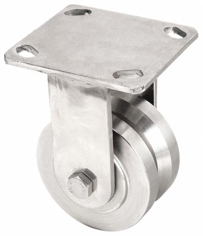 APPROVED VENDOR Plate Caster: Rigid, Stainless Steel, 4 in Wheel Dia, 2 in Wheel Wd - Corrosion-Resistant V-Groove Track-Wheel Plate Casters