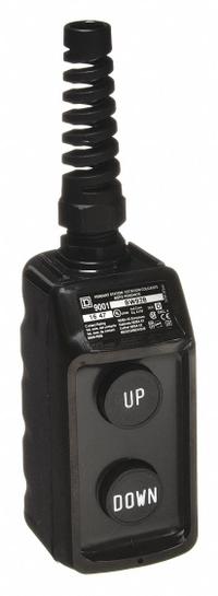 SQUARE D Pendant Control Station: (2) Push Buttons, 2NO, Up/Down, NEMA 1/3/3R/4/4X, (2) Push Buttons (MPN 9001BW92B). Key specifications — AC Contact Rating: 5 A @ 600 V; Action: Momentary/Momentary; DC Contact Rating: 5 A @ 600 V; Enclosure Material: Thermoplastic; Hub Style: Dead-End; Legend: Up/Down; Operator Configuration: (2) Push Buttons; Brand: SQUARE D.