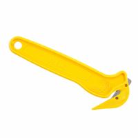 PACIFIC HANDY CUTTER, INC Hook-Style Film Cutter: 6 1/2 in Overall Lg, Straight Handle, Plain, Steel (MPN DFC-364). Key specifications — attr307620: Yellow; attr307617: Straight; attr307618: Plain; attr307619: Steel; attr307627: Includes Tape Splitter; attr324885: PACIFIC HANDY CUTTER, INC.