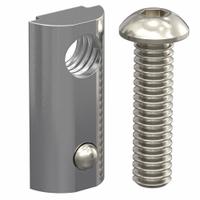 Drop In T-Nut: M8 Size, 16 mm Thread Lg, Button Head Socket Cap, For 8.2 mm Slot Wd, Steel, 6 PK (MPN 15MFA3923). Key specifications — Fastener Type: T-Nut; Fastener Head Type: Button Head Socket Cap; Material: Steel; Finish: Black Zinc-Plated; T-Slot Fastener Type: Drop-In T-Nut with Alignment Ball; Threaded Hole Location: Single Offset; Compatible Series: Faztek, 15 Series, Faztek, 40 Series; System of Measurement: Metric.