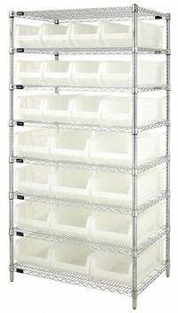 QUANTUM STORAGE SYSTEMS Bin Shelving: 36 in x 24 in x 74 in, 1 Sided, 24 Bins, Open, Clear (MPN WR8-950952CL). Key specifications — Includes Bins: Yes; Bin Material: Polypropylene; Frame Color: Silver; Bin HxWxD: (12) 7 in x 11 in x 23-7/8 in; Frame Material: Steel; Bin Color: Clear; Bin Style: Hang and Stack; Brand: QUANTUM STORAGE SYSTEMS.