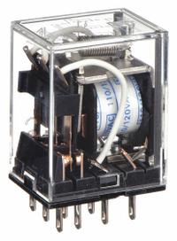 OMRON General Purpose Relay: Socket Mounted, 5 A Current Rating, 120V AC, 3PDT, 11 Pins/Terminals (MPN MY3-AC110/120). Key specifications — Brand: OMRON; Base Type: Square; Mounting Style: Plug-In; Pin Shape: Flat; Electrical Connection: Quick-Connect; Manufacturer Part Number: MY3-AC110/120; Operating Current: 2 A at 220V AC (Inductive Load); Series: MY Series.