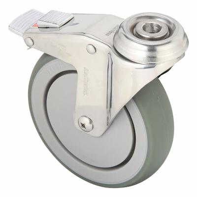 MEDCASTER Bolt-Hole Caster: Swivel, Side Brake, Rubber, 5 in Wheel Dia., 1 1/4 in Wheel Wd - Antimicrobial Corrosion- & Debris-Resistant Bolt-Hole Casters
