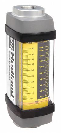 HEDLAND Mechanical Flowmeter: Petroleum Fluid Meter, Scale, Variable Area, Inline, Universal, NPTF (MPN H801A-050). Key specifications — Display Type: Scale; O-Ring Material: Viton; Includes Flow Rate Adjustment Knob: No; Includes Pressure Guage: No; Mounting Orientation: Universal; Unit Of Measure: Gallons; Brand: HEDLAND; Accuracy: +/-2%.