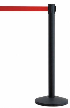 QUEUEWAY Barrier Post with Belt: Red, No Pattern, No Legend, 7 1/2 ft Belt Lg, Black (MPN QWAYPOST-33-R5). Key specifications — Base Material: Steel; Belt Color: Red; Brand: QUEUEWAY; Post Material: Metal Alloy; Post Color: Black; Message: No Legend.