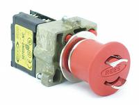 REES Emergency Stop Push Button: Non-Illuminated, Mushroom Head Profile, Non-Metallic, 22 mm (MPN 22102-102). Key specifications — Brand: REES; Action: Maintained; Push Button Material Type: Non-Metallic.