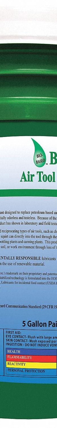 RENEWABLE LUBRICANTS Air Tool Oil: Synthetic, -17°F Min. Op Temp., 250°F Max. Op Temp., Pail (MPN 87464). Key specifications — attr1321222: Synthetic; attr1321227: 211; attr1321244: RENEWABLE LUBRICANTS; attr1321245: Pail.