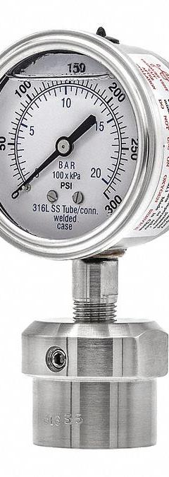 PIC GAUGES Pressure Gauge with Diaphragm Seal: 0 psi to 300 psi, 301L/0JJJ, 2 1/2 in Dial, Glycerin (MPN 301L254H/0JJJ200). Key specifications — Brand: PIC GAUGES; Gauge Case Liquid: Glycerin; Seal Fill Liquid: Glycerin; Seal Lower Housing Material: 316 Stainless Steel; Accuracy: ±2-1-2%; Gauge Wetted Parts: Stainless Steel.