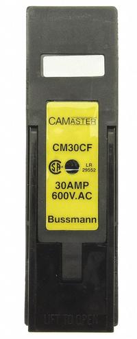 BUSSMANN Fuse Block: Finger-Safe, 1 Pole, 690 V AC, DIN Rail Mounting, Screw Termination (MPN CM30CF). Key specifications — Brand: BUSSMANN.
