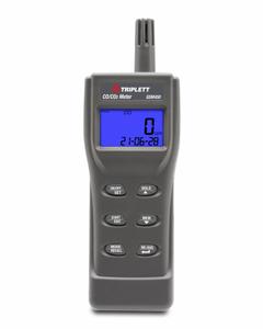 TRIPLETT Carbon Monoxide Meter: Calculates Averages/Data Logging/Selectable Units of Measure, Sound (MPN GSM450). Key specifications — Manufacturer Part Number: GSM450; Brand: TRIPLETT; Calibration Certificate Type: Not Certified; Digital Display Screen Type: LCD with Backlight; Features: Min/Max Data Recording; Includes: Software; PPM Accuracy: ±20% (>500ppm); Power Source: Battery.