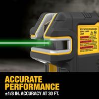 DEWALT Dot Laser: 2 Lines and 5 Dots, Green Beam, 100 - 200 ft Range w/o detector, 2 Lines, 5 Dots (MPN DCLE14251GB). Key specifications — attr934757: DEWALT; attr936112: ±1/8 in @ 33 ft; attr936114: Pendulum Self-Leveling; attr935981: Cable Compatible with USB-C Cables and Connectors.