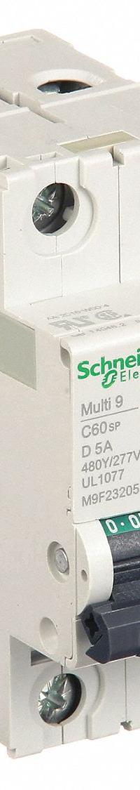 SCHNEIDER IEC Supplementary Protector: 5 A Amps, 14kA at 240V AC, Screw Clamp, C60SP, D (MPN M9F23205). Key specifications — attr195785: Screw Clamp; attr195787: 240/415/440V AC; attr195786: D; attr195783: Not Rated; attr195784: 14kA at 240V AC; attr215906: C60SP; attr211128: SCHNEIDER.