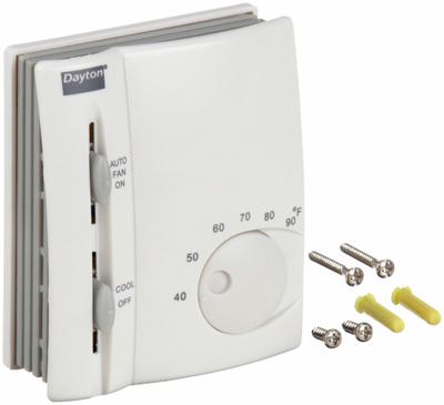 Dayton Low Voltage Thermostat: Cool Only, C/G/RC/Terminal Designations, Auto-On - Analog Thermostats