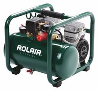 ROLAIR Portable Air Compressor: Quiet, Oil Free, 2.5 gal, Hot Dog, 1 hp, 2.4 cfm @ 90 psi, 120V AC (MPN JC10PLUS). Key specifications — attr48686: Oil Free; attr48685: 120V AC; attr48689: 4.10 cfm; attr48678: 7.5 A; attr48688: 1/4 in Coupler; attr48671: ROLAIR; attr124308: Quiet (less than 75 dBA).