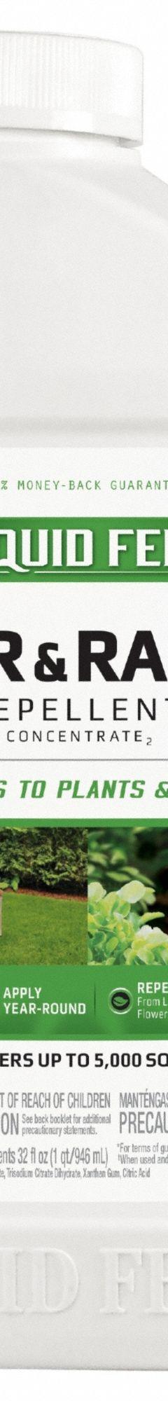 LIQUID FENCE Deer and Rabbit Repellent: Targets Deer/Rabbits, 5,000 sq ft Coverage Area, Liquid Form (MPN HG-71106). Key specifications — Brand: LIQUID FENCE; Targeted Animals: Rabbits; Form: Liquid.