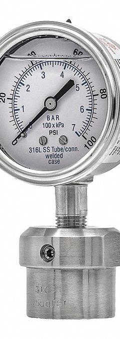 PIC GAUGES Pressure Gauge with Diaphragm Seal: 0 psi to 100 psi, 301L/0JJJ, 2 1/2 in Dial, Glycerin (MPN 301L254E/0JJJ100). Key specifications — Brand: PIC GAUGES; Gauge Case Liquid: None; Seal Fill Liquid: Glycerin; Seal Lower Housing Material: 316 Stainless Steel; Accuracy: ±2-1-2%; Gauge Wetted Parts: Stainless Steel.