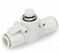 SMC Speed Control Valve: In-Line Fitting, Hex Screw, 1/2 in Valve Body Size, 10 mm Tube, Meter In (MPN AS4002F-10). Key specifications — attr947203: Brass/PBT; attr947205: SMC.