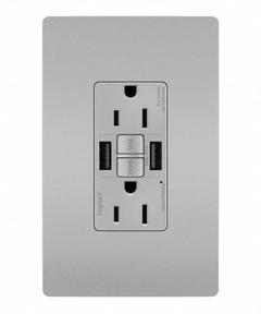 USB Receptacle: Duplex, 5-15R, 2 USB Ports, USB Type A, Gray, 125V AC, 15 A, GFCI (MPN 1597TRUSBAAGRY). Key specifications — Brand: LEGRAND.