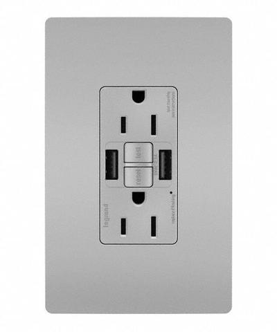 LEGRAND Receptacle: Duplex, 5-15R, 2 USB Ports, USB Type A, Gray, 125V AC, 15 A - Weather-Resistant Receptacles with USB Chargers