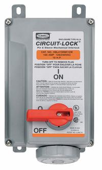 HUBBELL Mechanical Interlock: 120/240V AC, Single Phase, 100 A, 3 Pole, 4 Wire (MPN HBL4100MI12W). Key specifications — Brand: HUBBELL; Reverse Service: No; Voltage Rating: 120/240V AC.