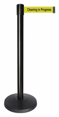 QUEUEWAY Barrier Post with Belt: Yellow, No Pattern, Cleaning in Progress, 10 ft Belt Lg, Black (MPN QPLUS-33-YC). Key specifications — attr981468: ABS; attr981465: Yellow; attr981461: QUEUEWAY; attr981440: Metal Alloy; attr981443: Black; attr981449: Cleaning in Progress; attr981448: Black.