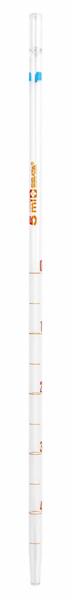 SIBATA Serological Pipette: 5 mL Capacity, 0.5 mL Graduation Increments, Non-Sterile, Glass (MPN 20200-51A). Key specifications — Sterility: Non-Sterile; Brand: SIBATA; Individually Wrapped: Not Individually Wrapped; Pipette Type: Wide Tip; Material: Glass; Product Type: Serological Pipette.