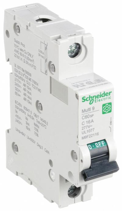 SCHNEIDER Supplementary Protector: 16 A Amps, 60V DC, 14kA at 120/240V AC, Screw Clamp - C-Curve, 1-Pole UL1077 DIN Rail-Mount Supplementary Protectors