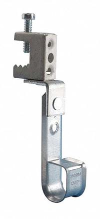 NVENT CADDY J-Hook Clamp: Clamp-On with Locking Latch, 3/4 in Max. Bundle Dia., Galvanized Steel (MPN CAT12BC200B). Key specifications — Material: Galvanized Steel; Mounting: 360° Horizontal Rotation; Includes Locking Latch: Yes; Color: Silver; Brand: NVENT CADDY; Mounting Location: Beam; Mounting & Attachment (subhead): Clamp-On with Locking Latch.
