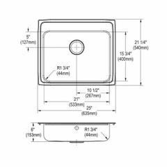 JUST MANUFACTURING Bowl Drop-In Sink: 25 in Overall Lg, 21 1/4 in Overall Wd, 6 in Bowl Dp, 1 Bowls (MPN SLFADA2125A602-J). Key specifications — Brand: JUST MANUFACTURING; Color Family: Silver/Gray.