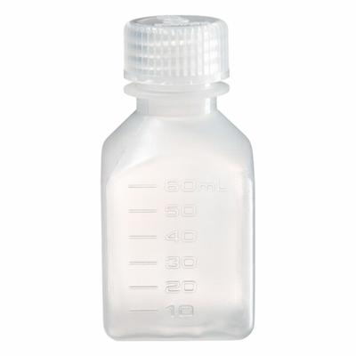 NALGENE Graduated Bottle: 60 mL, 2 fl oz, PPCO, Natural, 24 mm Screw Closure Size - PPCO Rectangular Lab Bottles