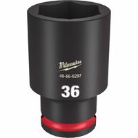 MILWAUKEE Deep Impact Socket: 1/2 in Drive Size, Metric, 36 mm Socket Size, 6-Point, Deep, Friction (MPN 49-66-6297). Key specifications — attr1215501: MILWAUKEE; attr1215515: Black Phosphate; attr1215518: 36 mm.