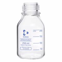 DURAN Narrow Mouth Round Glass Bottles - Safety Coated: 250 mL, 45 mm, Colorless, 10 Bottles (MPN 218153686). Key specifications — Brand: DURAN; Graduated: Yes; Pre-Cleaned: None; Body Color: Colorless; Screw Closure Size: 45 mm.