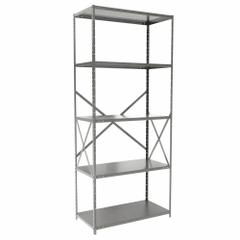 HALLOWELL Metal Shelving: Standalone, Medium-Duty, 36 in x 18 in, 84 in Overall Ht, 5 Shelves (MPN F5510-18HG). Key specifications — Frame Material: Steel; Shelving Material: Steel; Assembled: Unassembled; Color: Gray; Brand: HALLOWELL.