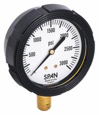 SPAN Pressure Gauge with Internal Seal: 0 psi to 3,000 psi, LFS-210, 2 1/2 in Dial, Buna-N, Brass, 4 (MPN LFS-210-3000-G-KEMX). Key specifications — Brand: SPAN; Gauge Case Liquid: Glycerin; Seal Fill Liquid: Instrument Oil; Seal Lower Housing Material: Brass; Accuracy: ±1.00%; Gauge Wetted Parts: Brass / Copper.