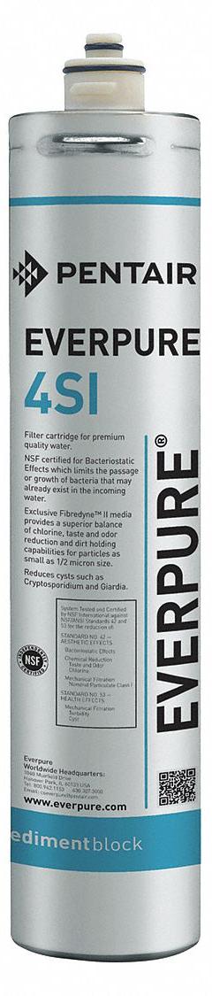 PENTAIR/EVERPURE Quick-Connect Water Filter: 0.5 micron, 2 gpm, 14 1/2 in Overall Ht, Scale Reduces (MPN EV960651-75). Key specifications — Product Type: Quick-Connect Water Filter; Filter Media: Polyphosphate; Brand: PENTAIR/EVERPURE; Reduces: Scale.