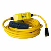 SOUTHWIRE GFCI: Manual Reset, 25 ft Lg, 12/3, 5-15P Plug, 15 A Current, 120V AC, 5-15R, Yellow, SJTW (MPN 26020147-2). Key specifications — NEMA Plug Configuration: 5-15P; NEMA Receptacle Configuration: 5-15R; Brand: SOUTHWIRE; Voltage: 120V AC.