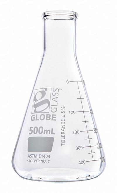GLOBE SCIENTIFIC Erlenmeyer Flask: 500 mL, Colorless, Conical, A - Glass Erlenmeyer Flasks