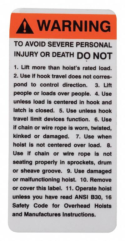 COFFING Warning Label: PB296. Key specifications — Manufacturer Part Number: PB296. - Warning Labels for Hoists
