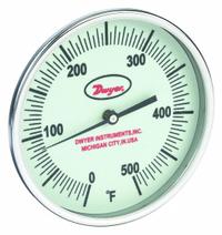 DWYER Glow-in-the-Dark Dial Thermometer: 0°F to 500°F, +/- 1% Accuracy, 5 in Dial Dia, Male (MPN GBTA560161). Key specifications — attr1275048: +/- 1%; attr1275052: DWYER.