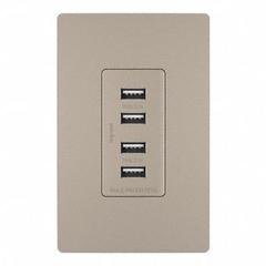 USB Receptacle: 4 USB Ports, USB Type A, Nickel, 125V AC, 15 A (MPN TM8USB4NICC6). Key specifications — Brand: LEGRAND.